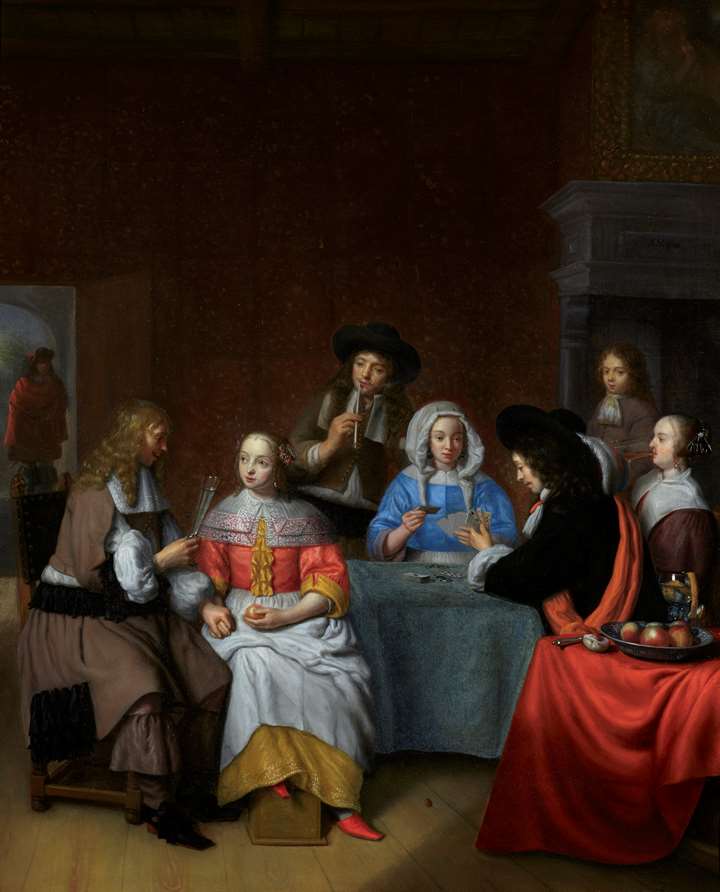 An Interior with an Elegant Company playing cards